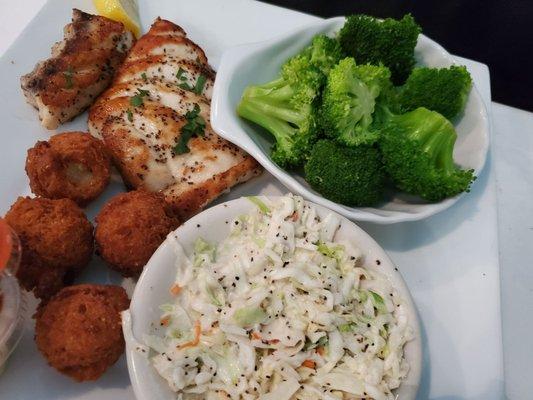 Grilled grouper with hushpuppies, slaw and broccoli