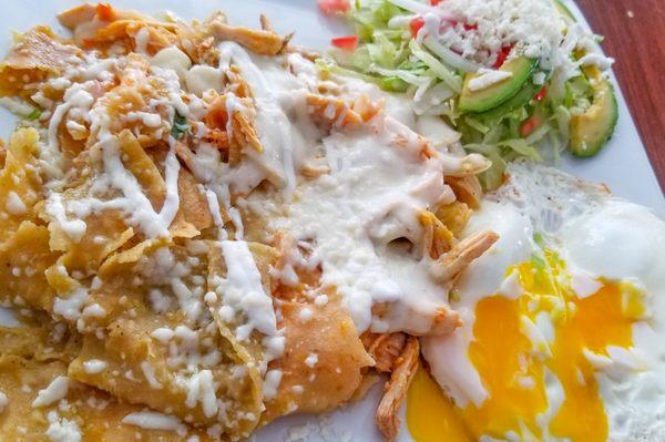 Green sauce, chicken Chilaquiles, not spicy they are extremely flavorful, my wife's favorite