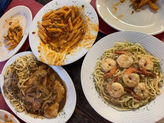 Chicken Marsala, Penne Boscaiola and Shrimp Scampi.