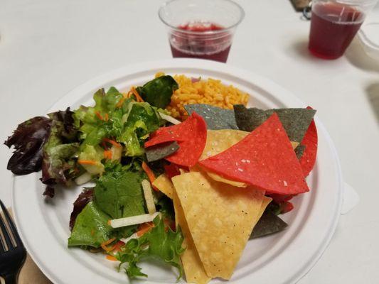 Salad, rice, chips, salsa