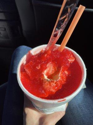 Strawberry shortcake stuffed snowball (vanilla ice cream).