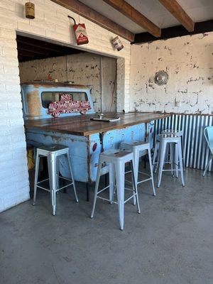 Table inside, made from an old truck.  So fun!