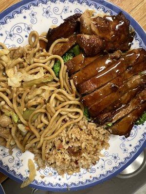 Teriyaki Chicken Combination with half Chicken Chow Mein & half Pork Fried Rice