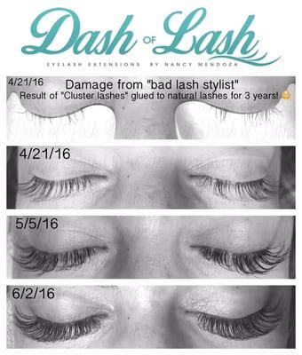 We saved a client from a bad lash stylist who destroyed the lashes with "clusters". We rehabbed her damaged lashes and grew new lashes.