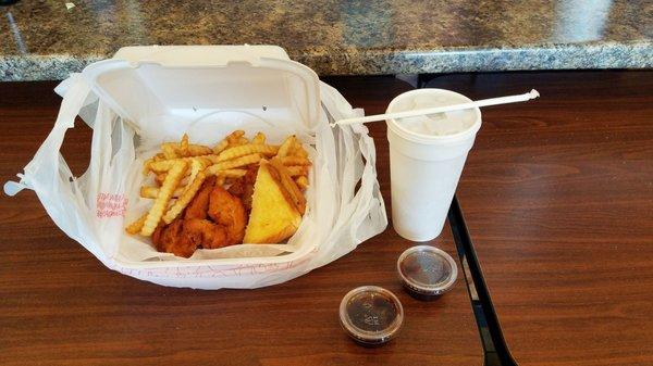 Three piece chicken tenders with fries toast and drink