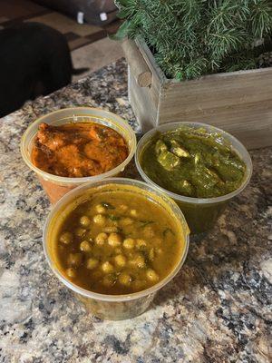 Butter Chicken, Saag Paneer,  Chana Masala