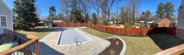 New Leaf did the pool deck, walls, beds and plantings, the trees and beds along the fence and the side.