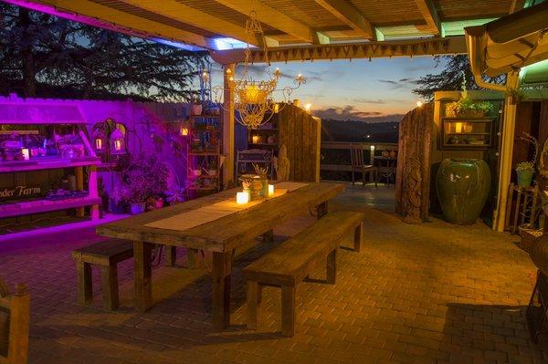 Custom 12ft farm table with benches and lighting design install