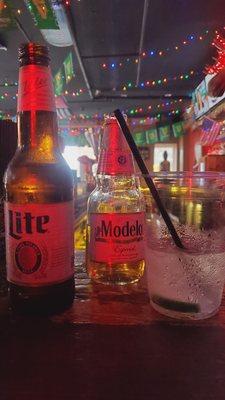 Miller lite, for the bitch. Modelo and Hendrick's & Tonic. The service is great when you're not being an asshole.