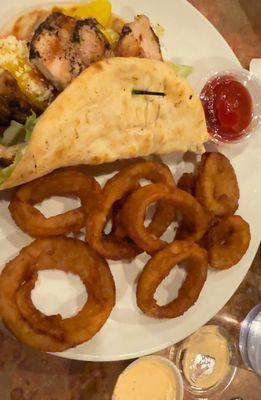 My chicken pita and onion rings (also came with cranch sauce - chipotle ranch - that was really tasty!)