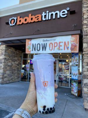 Taro Coconut Smoothie with boba (included in the price!) and taro paste