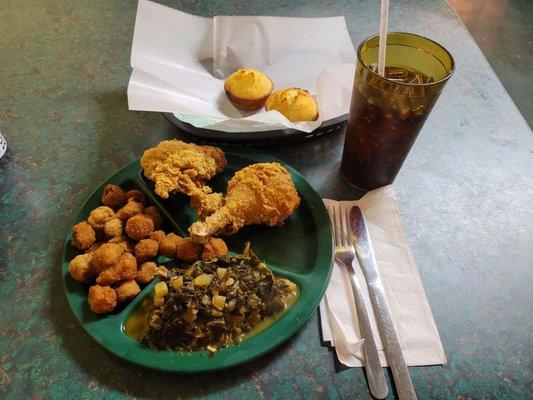 Fried chicken, fried okra, turnips, cornbread