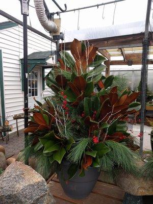 Beautiful Cut Magnolia and mixed green planter.