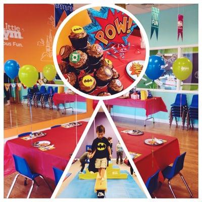 A friends superhero birthday party hosted by The Little Gym. They took care of decor, cleanup, and games and wore those kids OUT.