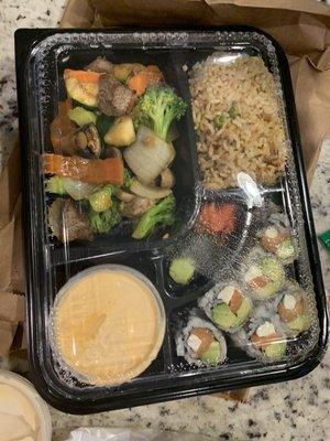 My bento box- teriyaki beef, 6 Piece Philadelphia Roll, fried rice