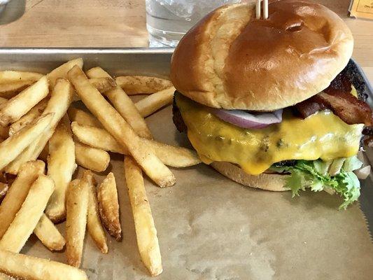 Bacon cheeseburger and fries