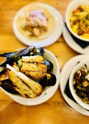 Steamed Mussels, Fish Taco, Crispy Brussels Sprouts, Curried Cauliflower