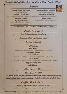 Four course dinner specials