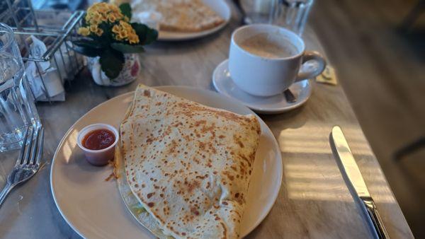 Beefy Cheese crepe with Buffalo Sauce on the side (front) & the TBC with Tzatziki Sauce on side (rear) and my Breve mmmmmmmm