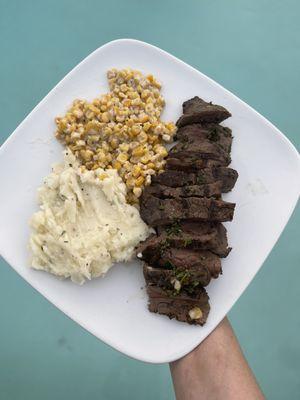 Top sirloin with garlic corn and mashed potato