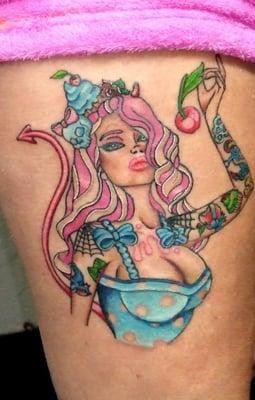 Miss Cherry Martini Devilicious...  SHE has detailed tattoos!!!!  Can you believe how detailed!!!!  Upper thigh  by Tony  : )