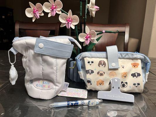 Rosy Posy's Cream Cosmos pencil/makeup pouch that can fold over to make a little bucket.  Doggie Pencil Pouch w.a magnetic clip