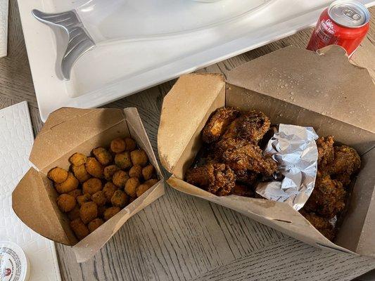 Teriyaki & Honey Hot Lemon Pepper wings. Fried okra