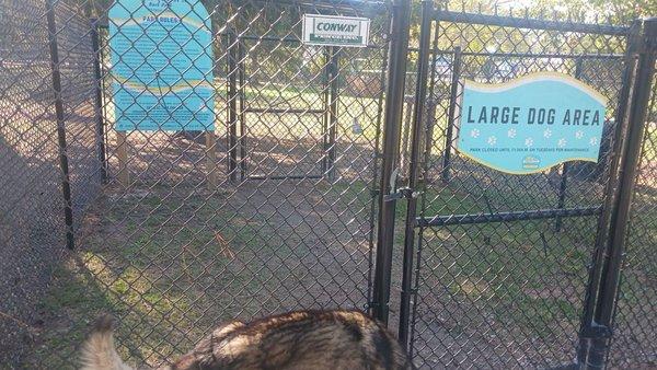 The front gate of the large dog park