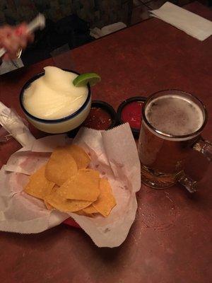 Drinks & chips!  Two types of salsa.