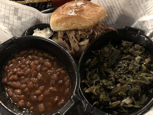 Pork BBQ with beans and greens