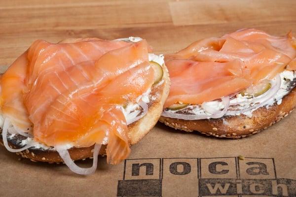 New York Bagel and Lox: Russ & Daughters Smoked Salmon, Caper Berries, Slivered Red Onions and Cream Cheese served on H&H Bagel