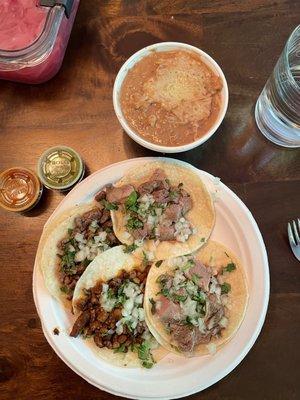 Lengua Taco, Al Pastor Taco, Carne Asada Taco, Refried Beans