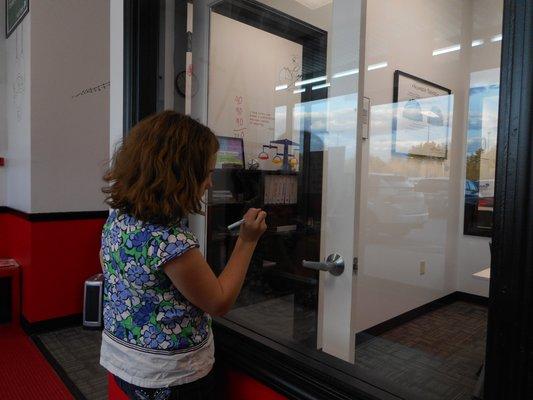 Flexible math on the window! Here's a student showing me how multiplying = multiple addition.