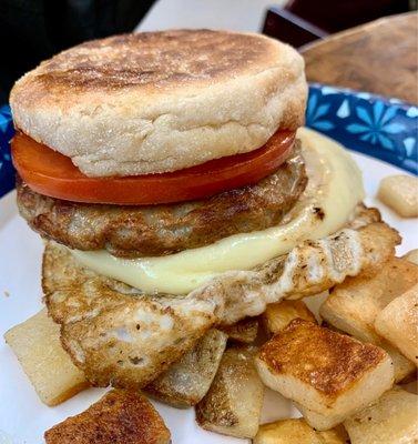 Sausage egg and cheese on an English muffin