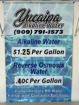 40 cents per gallon reverse osmosis water. $1.25 per gallon alkaline. Grand Opening special!