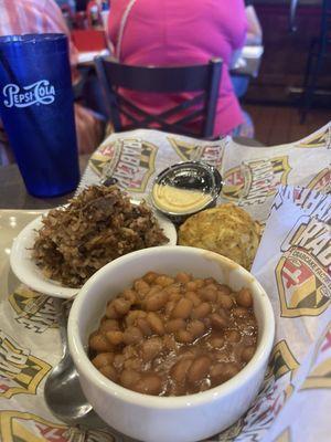 Dirty rice, beans and a Crabcake