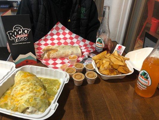 Jarritos. Fries. Cali Burrito. White Chick Burrito (usually get the tacos but HAD to try it "wet")