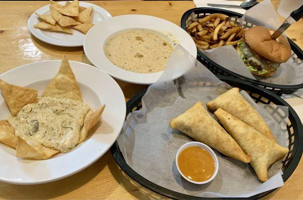 House Made Spinach Dip, Chicken Cream of Mushroom Soup, Sambusa, and Flavor Burger