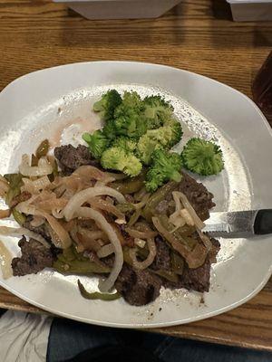 Sirloin tips with grilled onions and steamed broccoli