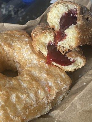 Croissant donut and raspberry jelly filled