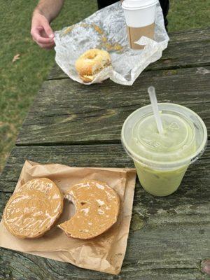 Peanut butter bagel, matcha, bagel sandwich