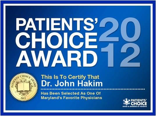 Patient Choice Award 2008,2009,2010,2011, 2012, 2013, 2014, 2015.