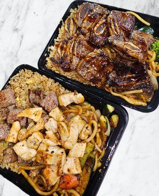 Filet chicken plate and short ribs with noodles and fried rice