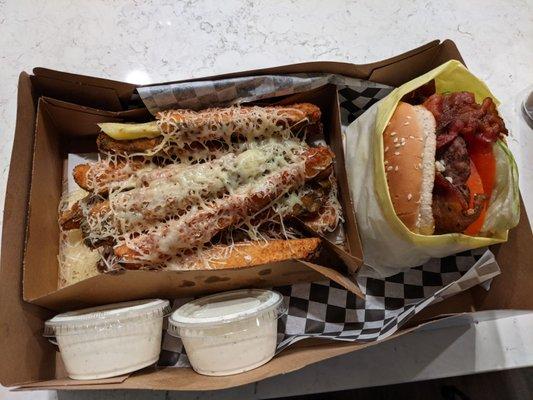 Blue cheese bacon burger with zucchini fries