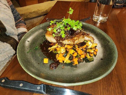 Bone-in Pork Loin with Sweet Potato Brussel Hash