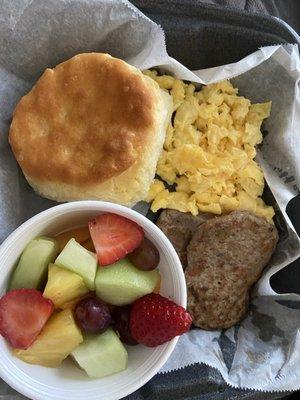 Turkey Sausage, Fruit, Biscuit, Eggs