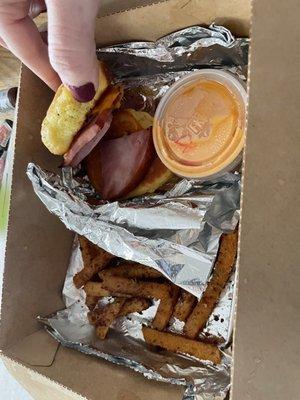 Ham and cheese slider with garlic Parmesan fries