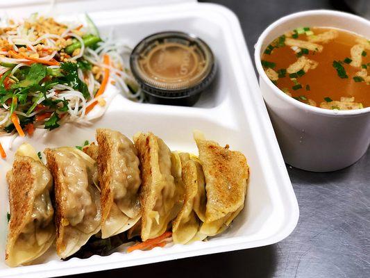 10 piece dumpling combo with Asian noodle salad and miso soup.