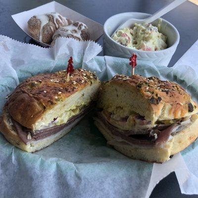 Cinnamon Knots, Potato Salad, roast beef, turkey Pretzel Sandwich on jalapeño.