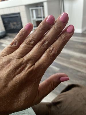 Walked in with natural nails and very short. Added tips for shape, short nails, acrylics, gel nail polish.